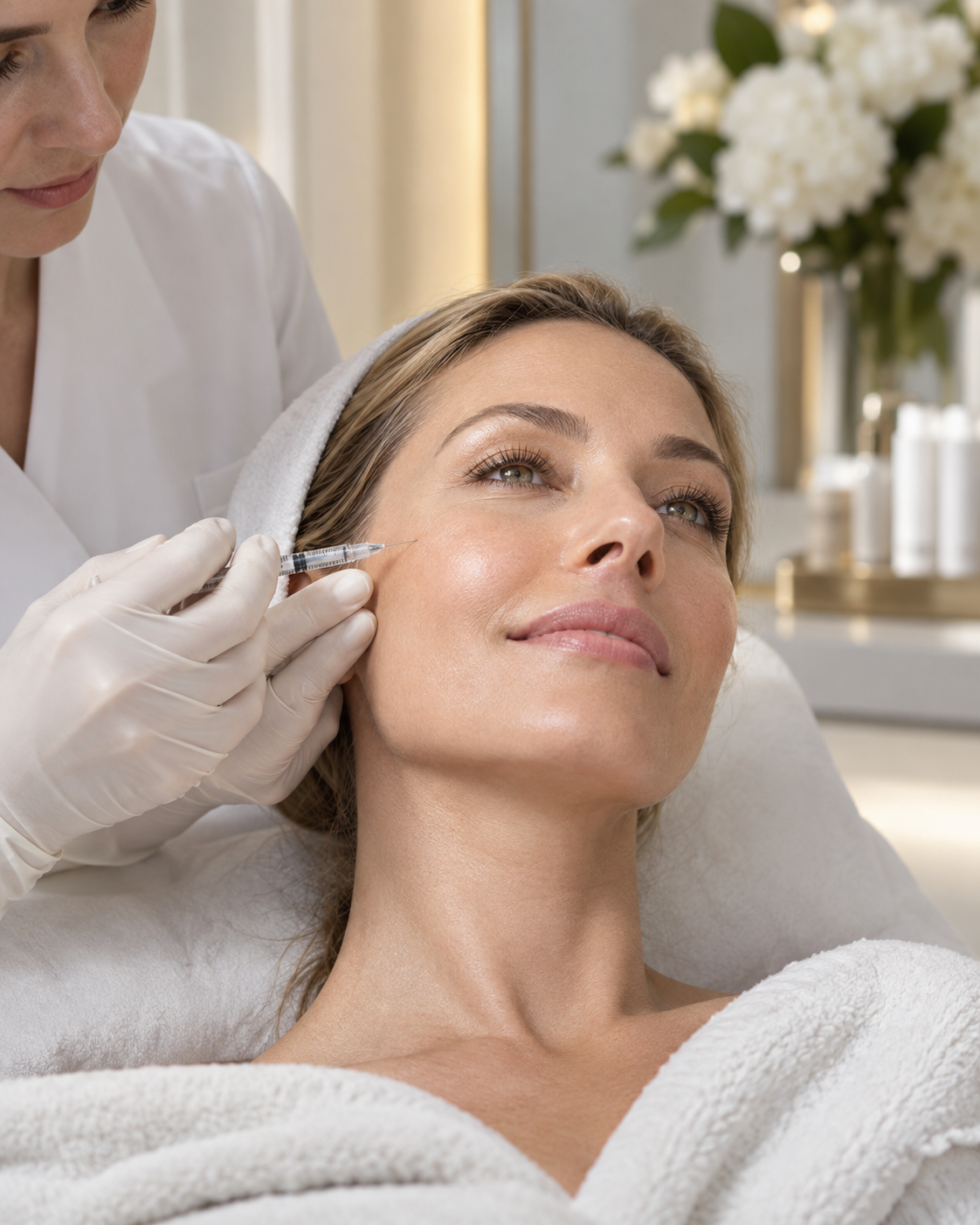 Behandlerhand mit feiner Spritze über der Wange – regenerative Mikroinjektions-Behandlung bei Moin Beauty