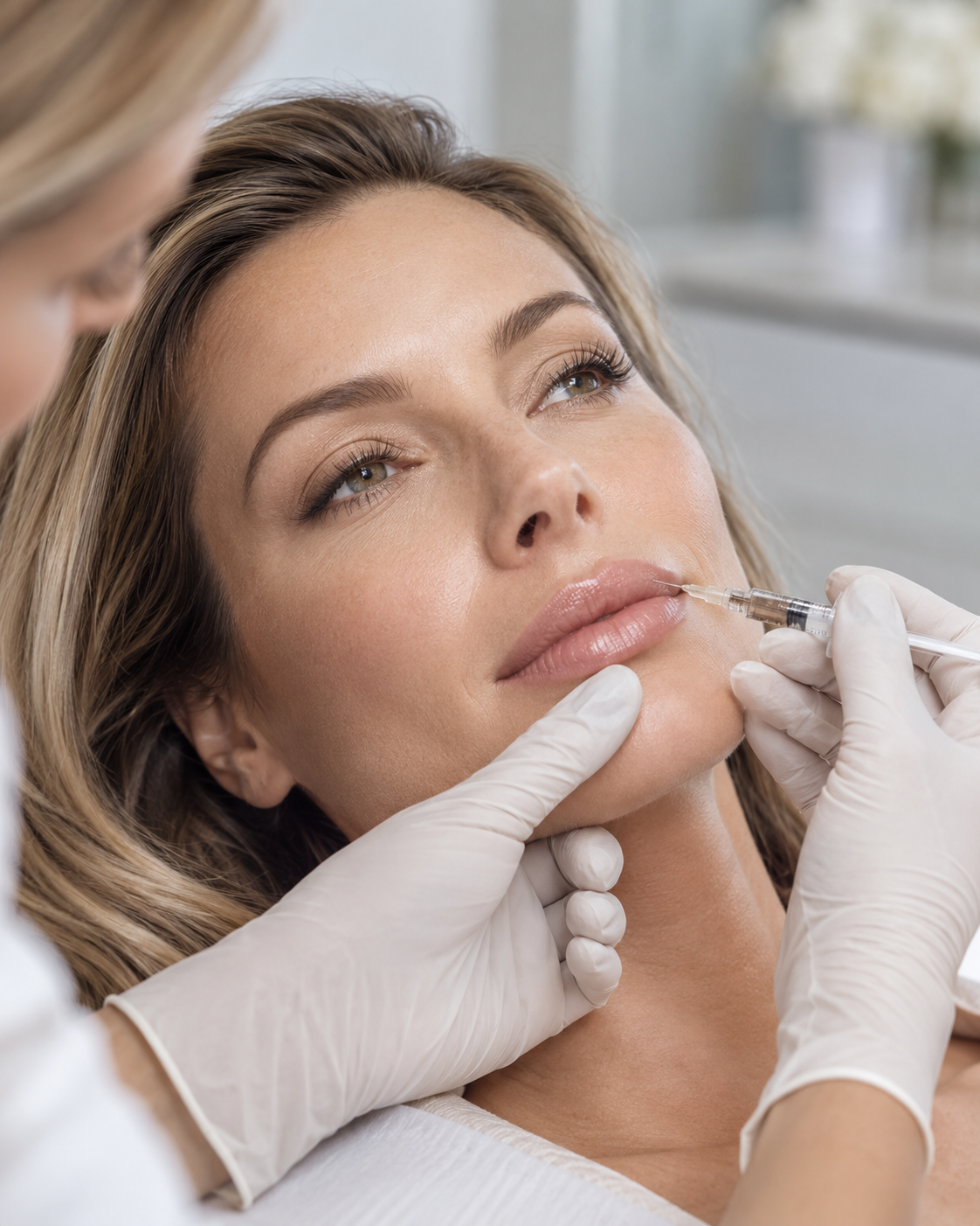 Behandlerhand mit feiner Spritze nahe der Lippenpartie – dezente, präzise Hyaluronbehandlung bei Moin Beauty