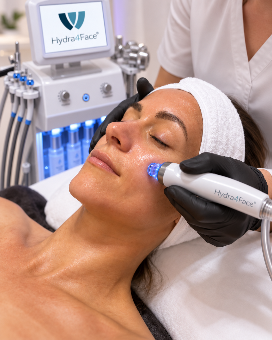 Hydro-Dermabrasion mit Handstück am Gesicht einer liegenden Kundin – tiefenreinigende Gesichtsbehandlung bei Moin Beauty