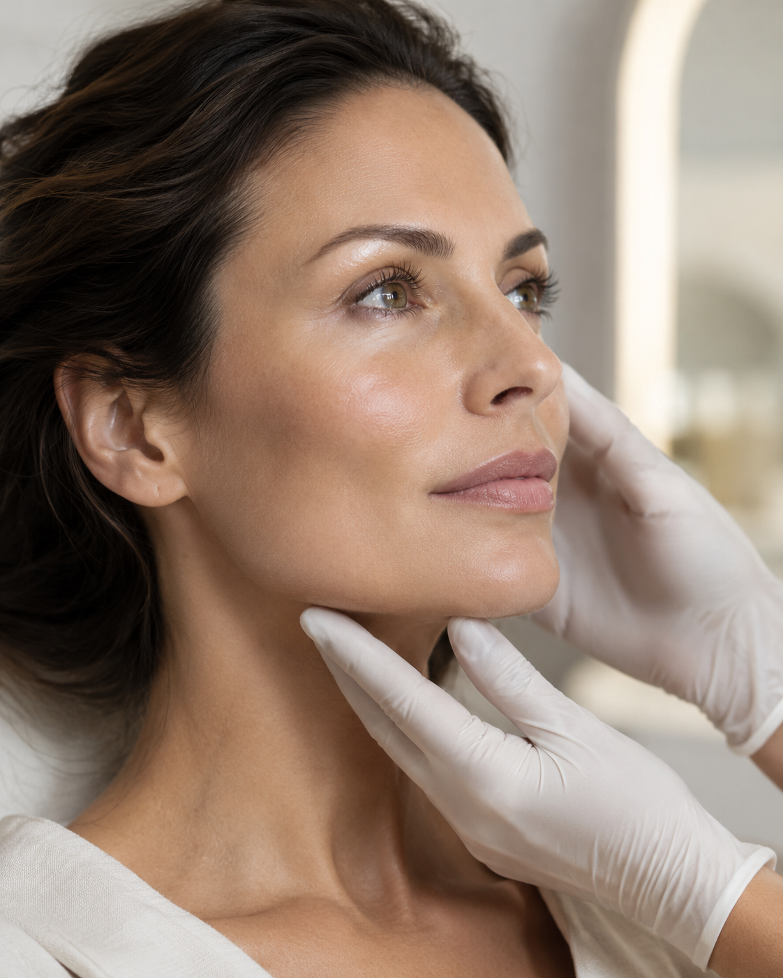 Behandlerin palpiert Wangen- und Jawline-Bereich im Profil – Analyse der Gesichtskontur bei Moin Beauty