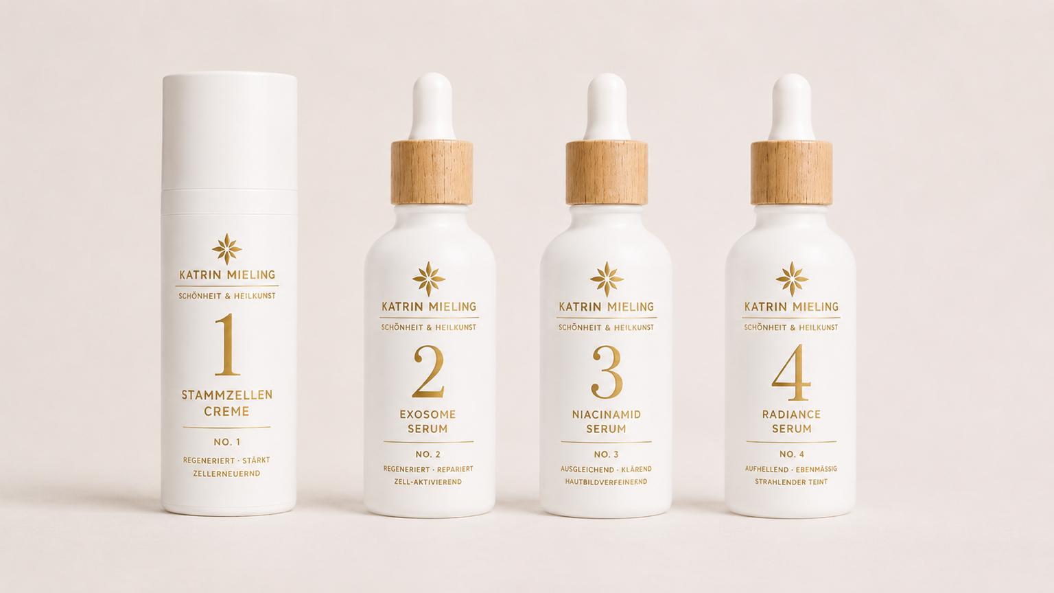 Eigene Pflegeprodukte: Stammzellen Creme, Exosome Serum, Niacinamid Serum und Radiance Serum