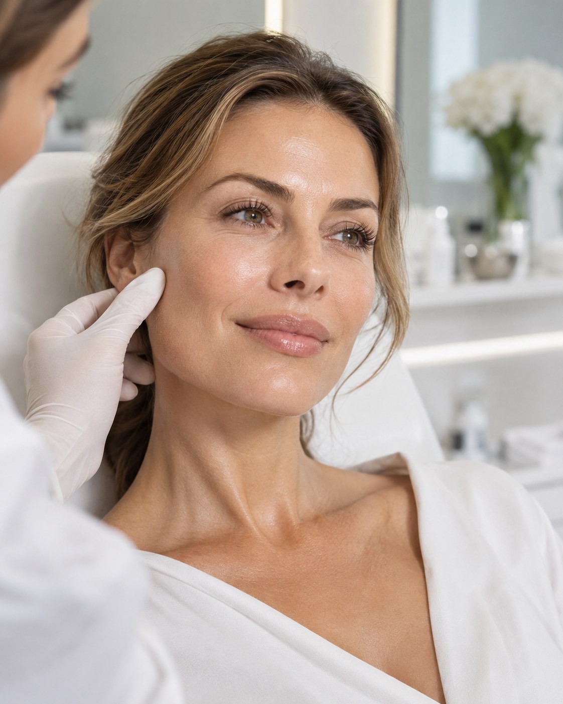 Behandlerin trägt ein klares Serum auf die Wange auf – Hautqualität und Hydration bei Moin Beauty